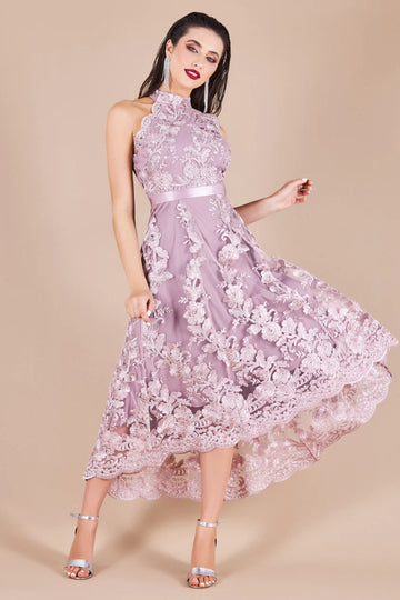 HALTER NECK HIGH AND LOW WITH LACE DRESS Goddiva
